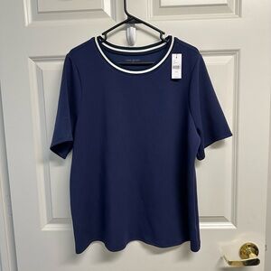 Lane Bryant Journey Elbow-Sleeve Crew-Neck Navy Blue Trim-Detail Top Size 14/16